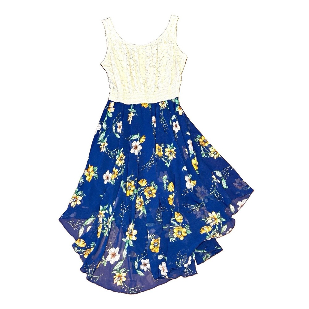 Liberty Love 1XL Blue Floral Fit & Flare bohemian midi Y2K Scoop Neck Lined